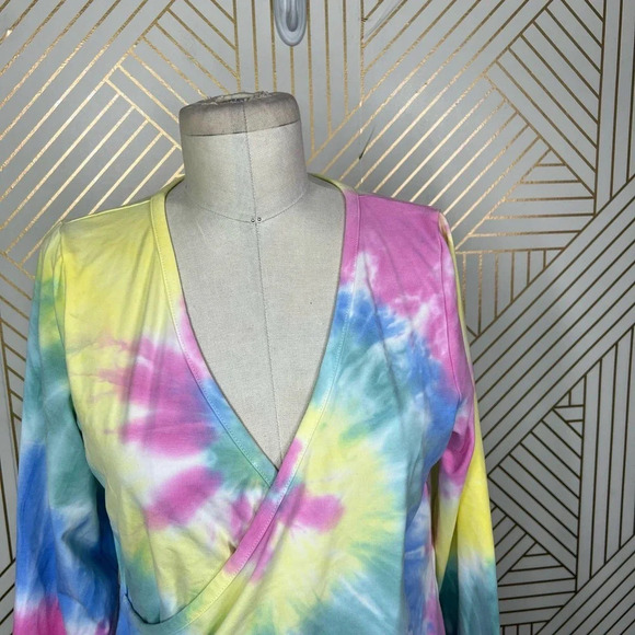 CHASER Long Sleeve Ballet Wrap Top In Tie Dye Pink Yellow Size Large - Picture 3 of 12